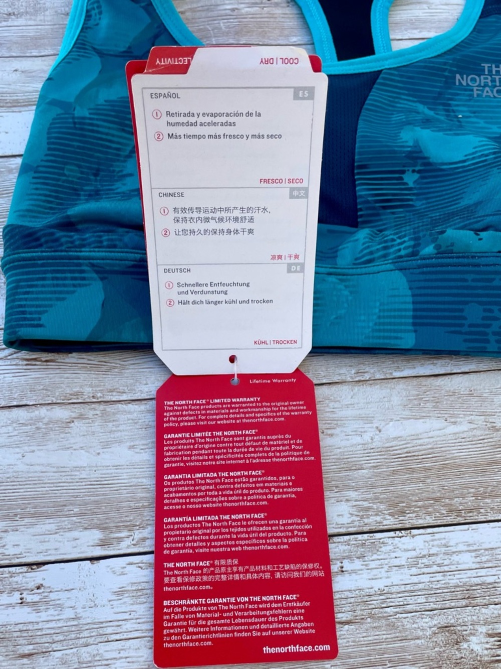 NEW North Face Stow-n-Go Phone Pocket Botanical Tropical Teal Blue Sports Bra XS - Picture 5 of 15